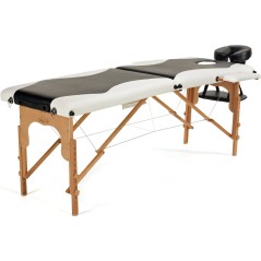 Pat masaj Bodyfit, 2 sectiuni, inaltime reglabila 61-84cm, husa transport, cadru lemn, piele ecologica, pliabil,alb/negru
