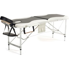 Pat masaj Bodyfit, 2 sectiuni, inaltime reglabila 65-87cm, husa transport, cadru aluminiu, piele ecologica, pliabil, alb/negru