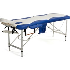 Pat masaj Bodyfit, 2 sectiuni, inaltime reglabila 65-87cm, husa transport, cadru aluminiu, piele ecologica, pliabil,alb/albastru
