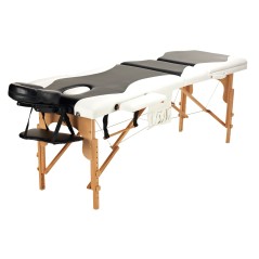 Pat masaj Bodyfit, 3 sectiuni, inaltime reglabila 61-84cm, husa transport, cadru lemn, piele ecologica, pliabil, alb/negru