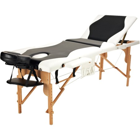 Pat masaj Bodyfit, 3 sectiuni, inaltime reglabila 61-84cm, husa transport, cadru lemn, piele ecologica, pliabil, alb/negru