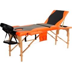Pat masaj Bodyfit, 3 sectiuni, inaltime reglabila 61-84cm, husa transport, cadru lemn, piele ecologica, pliabil,negru/portocaliu