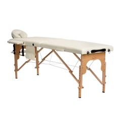 Pat masaj Bodyfit, 2 sectiuni, inaltime reglabila 61-84cm, husa transport, cadru lemn, piele ecologica, pliabil, crem