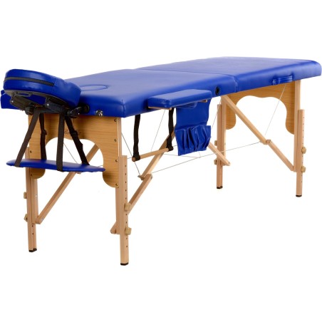 Pat masaj Bodyfit, 2 sectiuni, inaltime reglabila 61-84cm, husa transport, cadru lemn, piele ecologica, pliabil, albastru