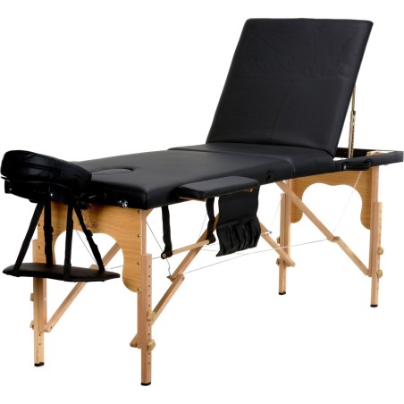 Pat masaj Bodyfit, 3 sectiuni, inaltime reglabila 61-84cm, husa transport, cadru lemn, piele ecologica, pliabil, negru