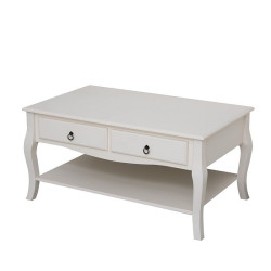 Masuta cafea 100x60x49 cm, picioare lemn pin alb, MDF, 2 sertare, raft depozitare