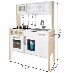Bucatarie copii, din lemn 70x89.5x30 cm, accesorii, lampa LED, cuptor plita, rafturi, chiuveta, dozator gheata