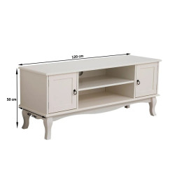 Comoda TV 120x40x50 cm, rafturi, 2 dulapuri depozitare, picioare lemn pin, MDF, alb