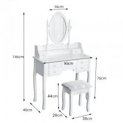 Set masa de toaleta pentru machiaj cu oglinda, 7 sertare, scaun tapitat, alb