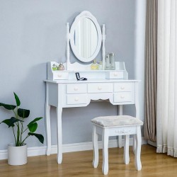 Set masa de toaleta pentru machiaj cu oglinda, 7 sertare, scaun tapitat, alb