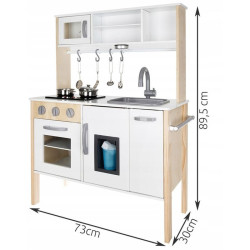 Bucatarie copii, din lemn 70x89.5x30 cm, accesorii, lampa LED, cuptor plita, rafturi, chiuveta, dozator gheata