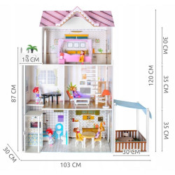 Casa pentru papusi, de dimensiuni mari, 2 etaje, 6 papusi incluse, iluminata LED, telecomanda