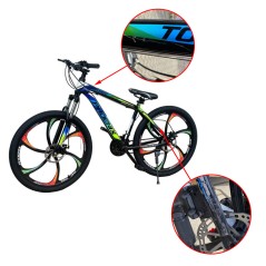 Bicicleta Mountain Bike 26 inch, cadru otel, frane pe disc, 21 viteze Shimano, albastru-galben, RESIGILAT