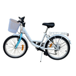 Bicicleta de oras, 20 inch, cadru otel, 6 viteze, cos cumparaturi, portbagaj, alb