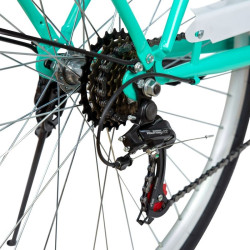 Bicicleta dama, 28 inch, schimbator Shimano 7 viteze, cadru otel, V-Brake, cos si portbagaj, turcoaz
