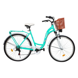Bicicleta dama, 28 inch, schimbator Shimano 7 viteze, cadru otel, V-Brake, cos si portbagaj, turcoaz