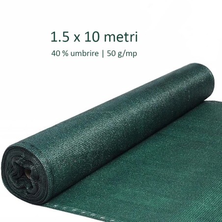 Plasa de umbrire gradina, 1.5x10 metri, grad de umbrire 40%, polietilena densitate 50 g/mp, verde