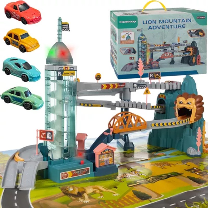 Pista interactiva cu obstacole, rotativa, 4 masinute incluse, 70 x 38 x 25 cm, multicolor