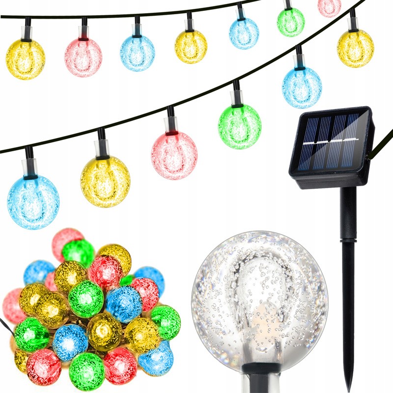 Ghirlanda solara decorativa, 10 globuri multicolore, 7 moduri iluminare, lungime totala 35 m