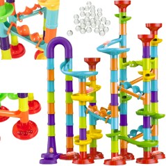 Set constructie pista cu bile, configuratie 3D cu 113 piese, 30 bile, elemente usor de conectat, multicolor