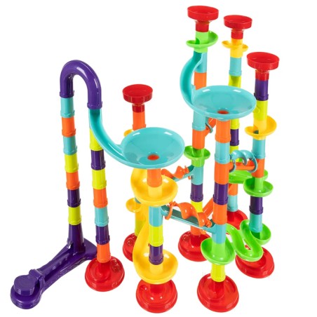Set constructie pista cu bile, configuratie 3D cu 113 piese, 30 bile, elemente usor de conectat, multicolor