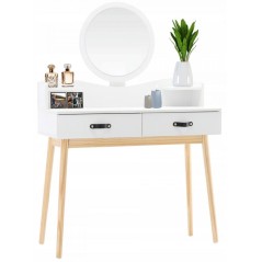 Masa de toaleta cu oglinda rotunda, design scandinav, 2 sertare depozitare, 2 rafturi, 100x40x139 cm
