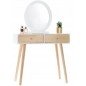 Masuta de toaleta din lemn, oglinda, scaun tapitat, 2 sertare, stil scandinav, 80x40x125 cm, alb/natur