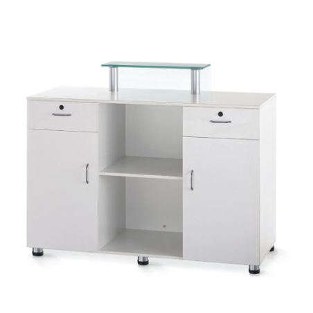 Birou receptie, lemn si insertie sticla sablata, alb