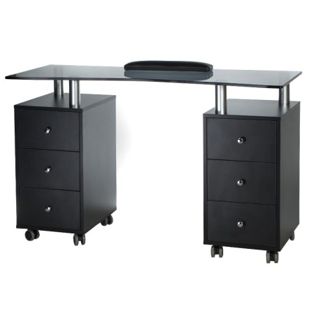 Masa salon manichiura, blat din sticla, perna ergonomica, 6 sertare, negru