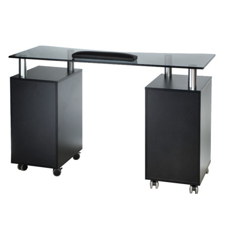 Masa salon manichiura, blat din sticla, perna ergonomica, 6 sertare, negru
