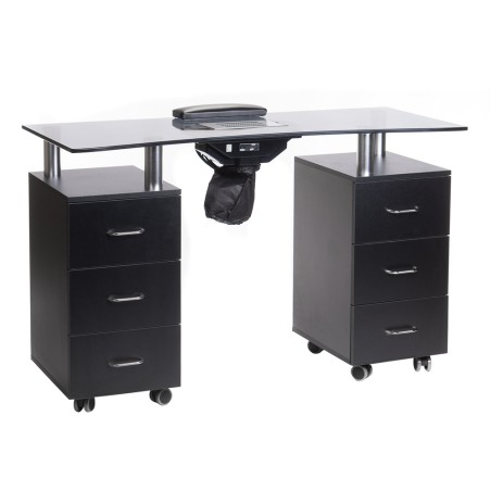 Masa de manichiura, 6 sertare, colector praf, perna ergonomica, blat sticla, negru