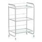 Suport etajat cosmetica, 3 rafturi blat sticla, structura otel, roti, inaltime 84 cm Suport etajat cosmetica, 3 rafturi blat sticla, structura otel, roti, inaltime 84 cm