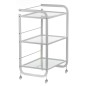 Suport etajat cosmetica, 3 rafturi blat sticla, structura otel, roti, inaltime 84 cm Suport etajat cosmetica, 3 rafturi blat sticla, structura otel, roti, inaltime 84 cm