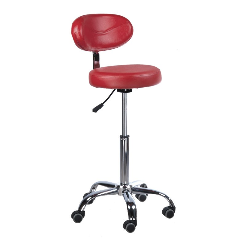 Scaun cosmetic cu spatar, inaltime reglabila 49-65 cm, diametru scaun 36 cm, cadru metal, rosu