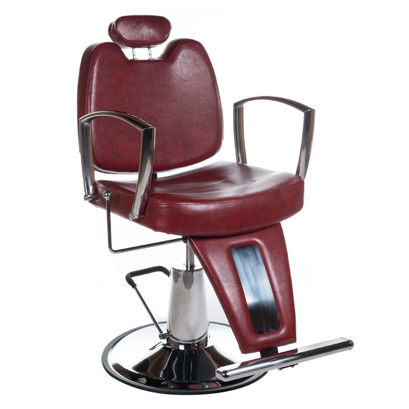 Scaun frizerie, inaltime maxima 66 cm, spatar inclinabil, baza cromata, tapiterie rosie