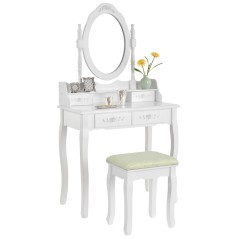 Masa de toaleta Mira, scaun si oglinda, 4 sertare, MDF, stil vintage
