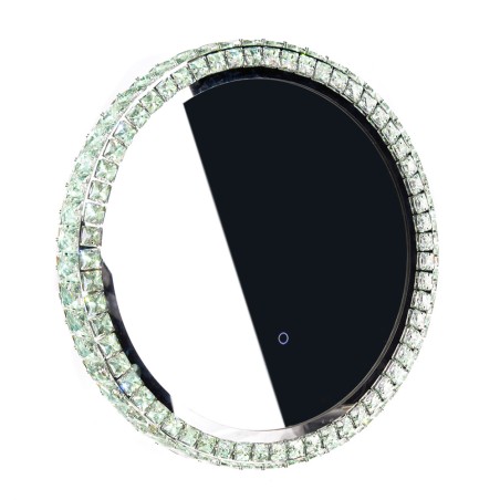 Oglinda Glamour, cristale si LED-uri, forma rotunda, diametru 50 cm, comutator tactil