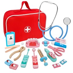 Trusa doctor stomatolog copii, set din lemn cu multiple accesorii, geanta cu fermoar