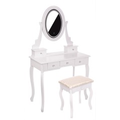 Masa de toaleta Kari, 5 sertare, oglinda LED, lumina 3 culori, scaun, MDF