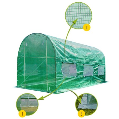 Sera de gradina tip tunel, 3 x 2 x 2 metri, 6 ferestre cu plase, filtru UV4, verde