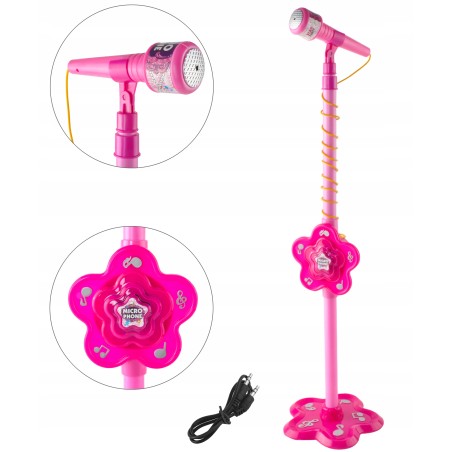 Microfon de jucarie cu stativ reglabil 106 cm, amplificator voce, MP3, conectare smartphone, roz