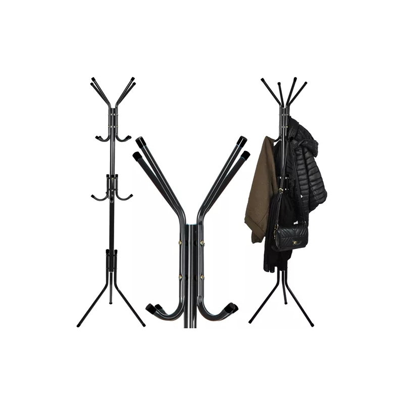 Cuier metalic imbracaminte si accesorii, 3 niveluri, 12 carlige, inaltime totala 175 cm, negru