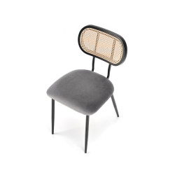 Scaun tapitat living/sufragerie Halmar K503, cadru metal, stil vintage, 53x60x84x49cm, catifea/ratan, gri/bej