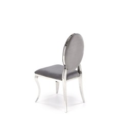 Scaun elegant pentru living sau hotel, spatar matlasat, cadru otel, stil glamour, catifea gri