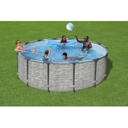 Piscina cadru metalic, diametru 427 cm, scara acces, husa protectie, design piatra