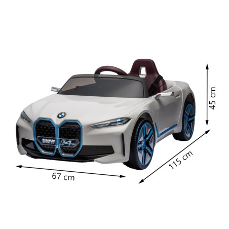 Masinuta electrica BMW I4, 2X25W, Bluetooth, MP3, lumini LED fata-spate, suspensii, roti spuma EVA, scaun maro