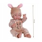 Papusa bebelus, caciula urechi iepuras, salopeta si bluza, aspect realist, 45 cm