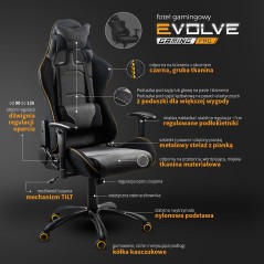 Scaun gaming Halmar Evolve Pro, reglabil 127-137cm, cotiere reglabile, suport lombar, perna ergonomica, textil, gri/ negru