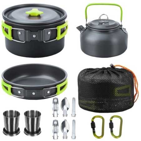 Set vase si ustensile de gatit, portabil, pentru doua persoane, strat antiaderent, geanta transport