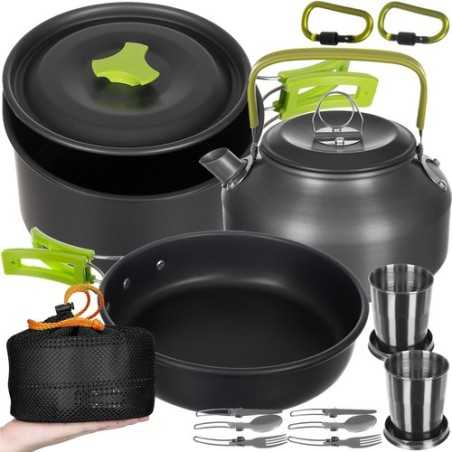 Set vase si ustensile de gatit, portabil, pentru doua persoane, strat antiaderent, geanta transport